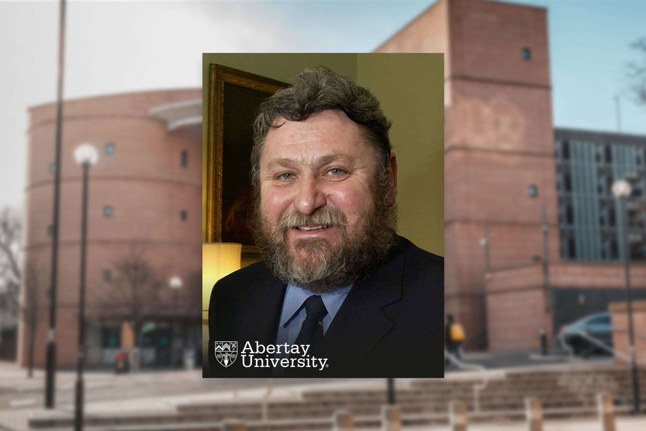 Head and shoulders picture of Prof Bernard King in a suit and tie inset into a picture of the University Library building