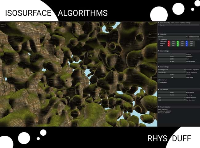 'An analysis on Isosurface algorithms for real-time voxel terrain applications' is a 2023 Digital Graduate Show project by Rhys Duff, a Computer Games Technology student at Abertay University.