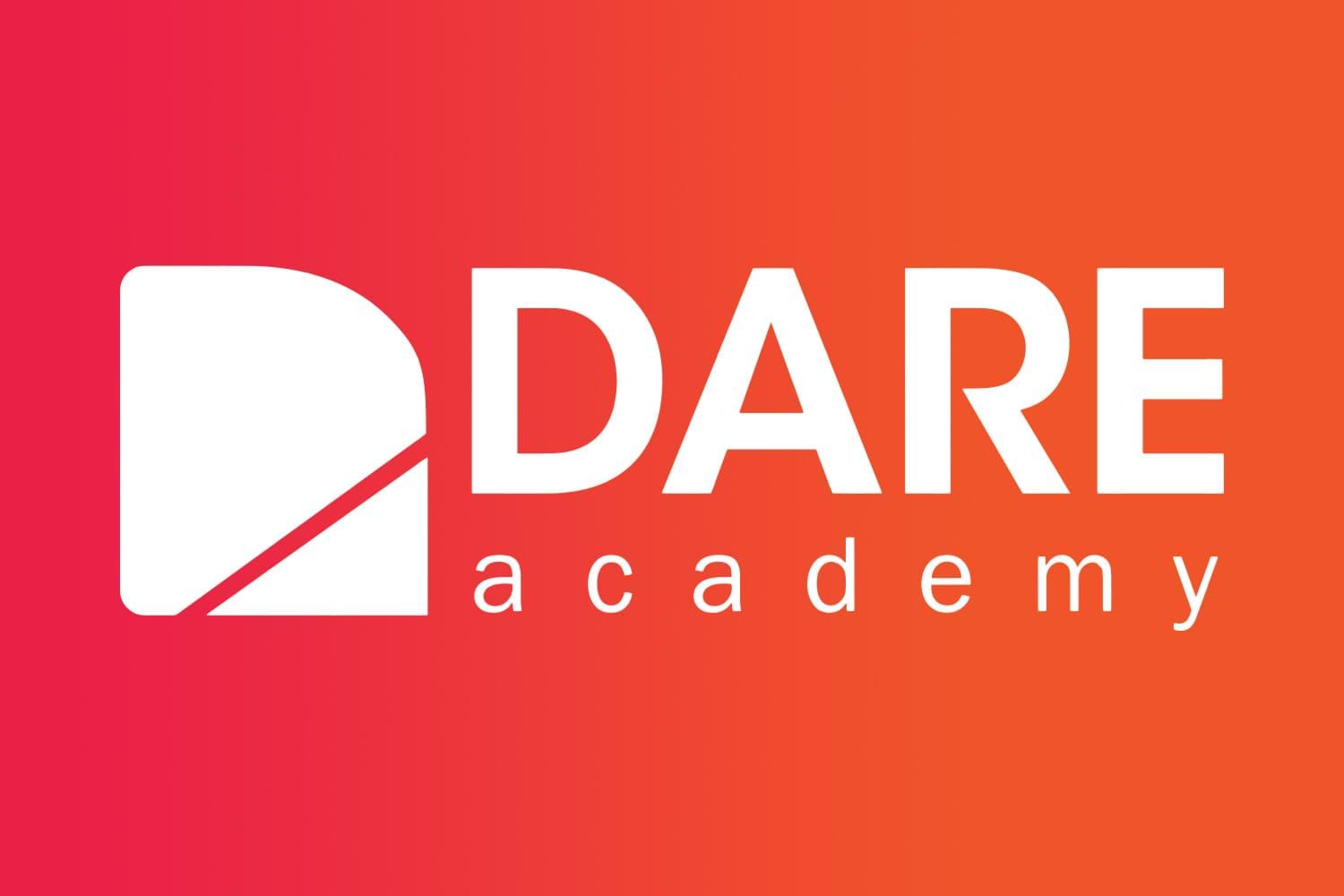 The image shows the dare academy logo on an orange background