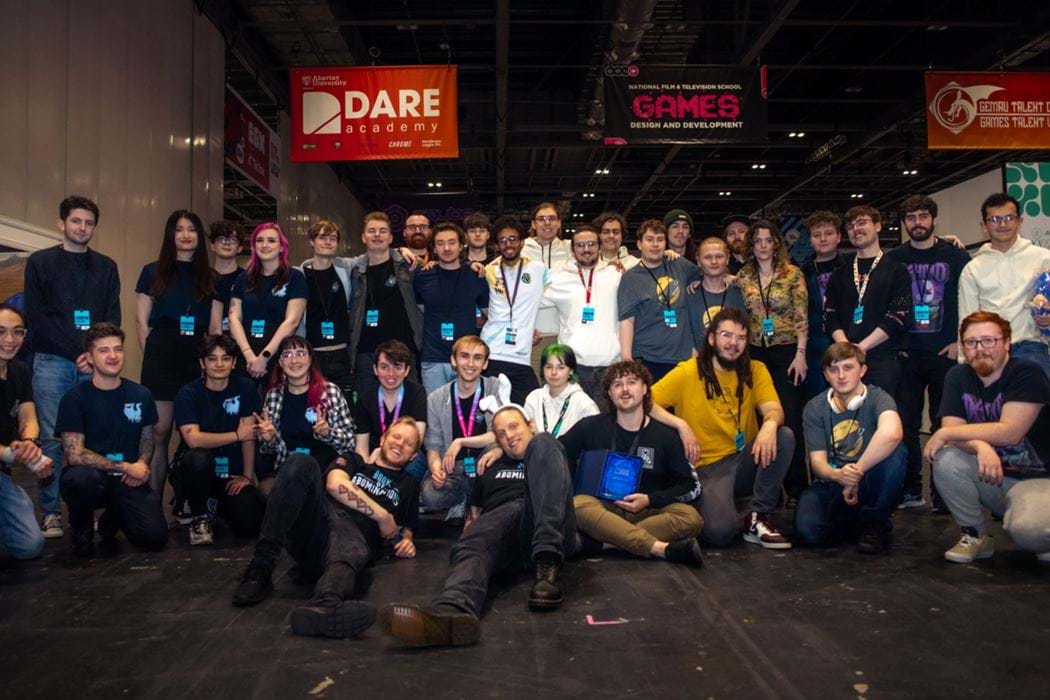 Group photo of Abertay students who participated in Dare Academy at EGX in 2023.