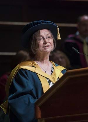 A picture of Dr Jean Venables giving her graduation speech.