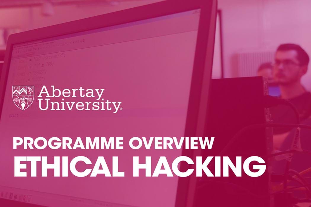 The thumbnail image for the Ethical Hacking programme is a picture taken during a class of a computer monitor with code on it. You can see a student in the background.