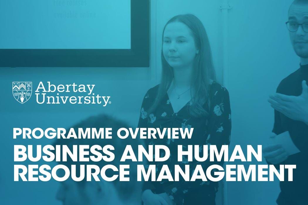 The thumbnail image for the Business and Human Resource Management programme video is of two students presenting in front of a class.