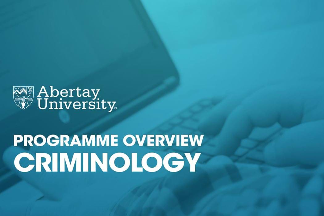 The thumbnail image for the Criminology programme video is a close up of someone's hands typing on a laptop.