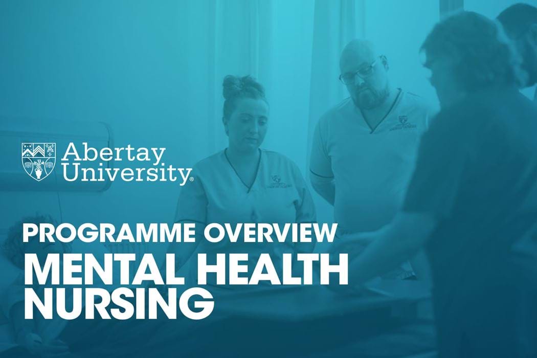 The thumbnail image for the Mental Health Nursing programme video is of three four students around a Nursing Skills Manikins