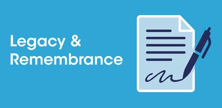 A pen signing a Will. Legacy and Remembrance letters in white. Light blue background.