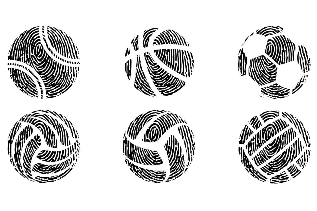 Six white sports ball symbols with black fingerprints as shading