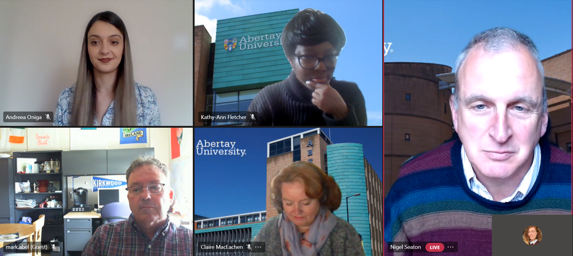 Screenshot of Abertay lecturers and the Principal at an online event
