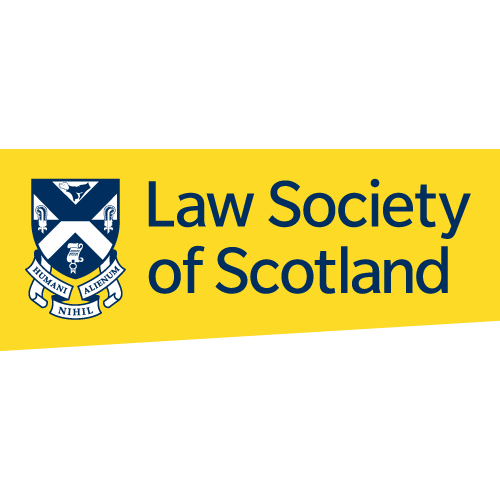 The Law Society Of Scotland Logo, blue text on a yellow background. Crest to the left of the text.