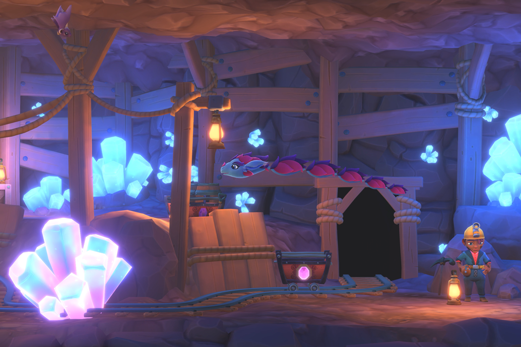 A game screenshot of a mineshaft with glowing crystals