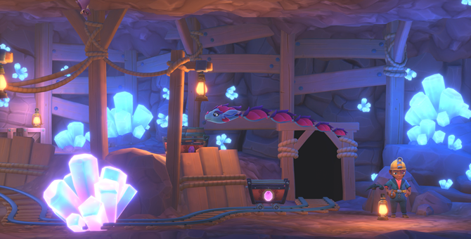 A game screenshot of a mineshaft with glowing crystals