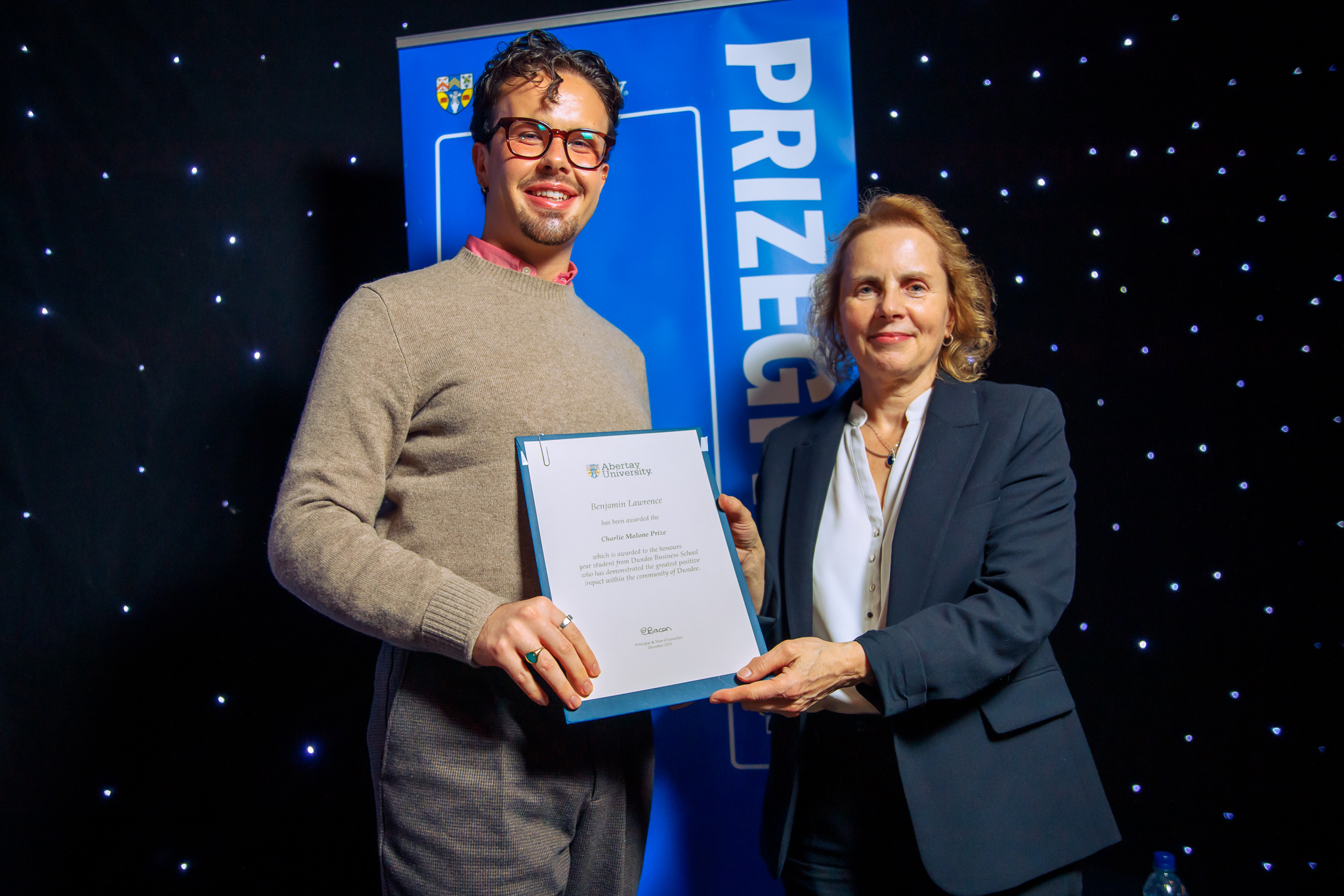 Ben Lawrence with Abertay Principal Profess