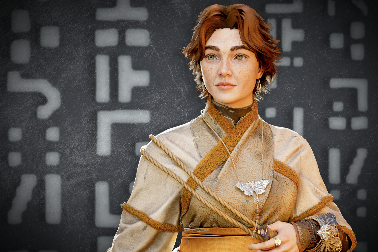 An image of Moth Shepherd, a high-fidelity 3D video game character created by Abertay graduate Ollie Kidd. The character has brown hair and green eyes, and wears a biege outfit. The background is grey, featurinng rune-type symbols.